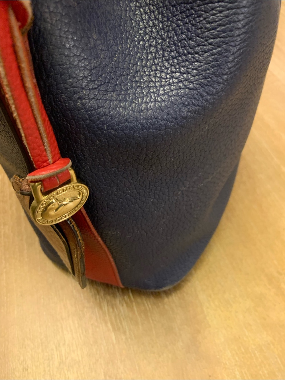 Dooney & Bourke Navy, Red & Yellow Leather Drawstring Bucket Bag - Picture 3 of 16